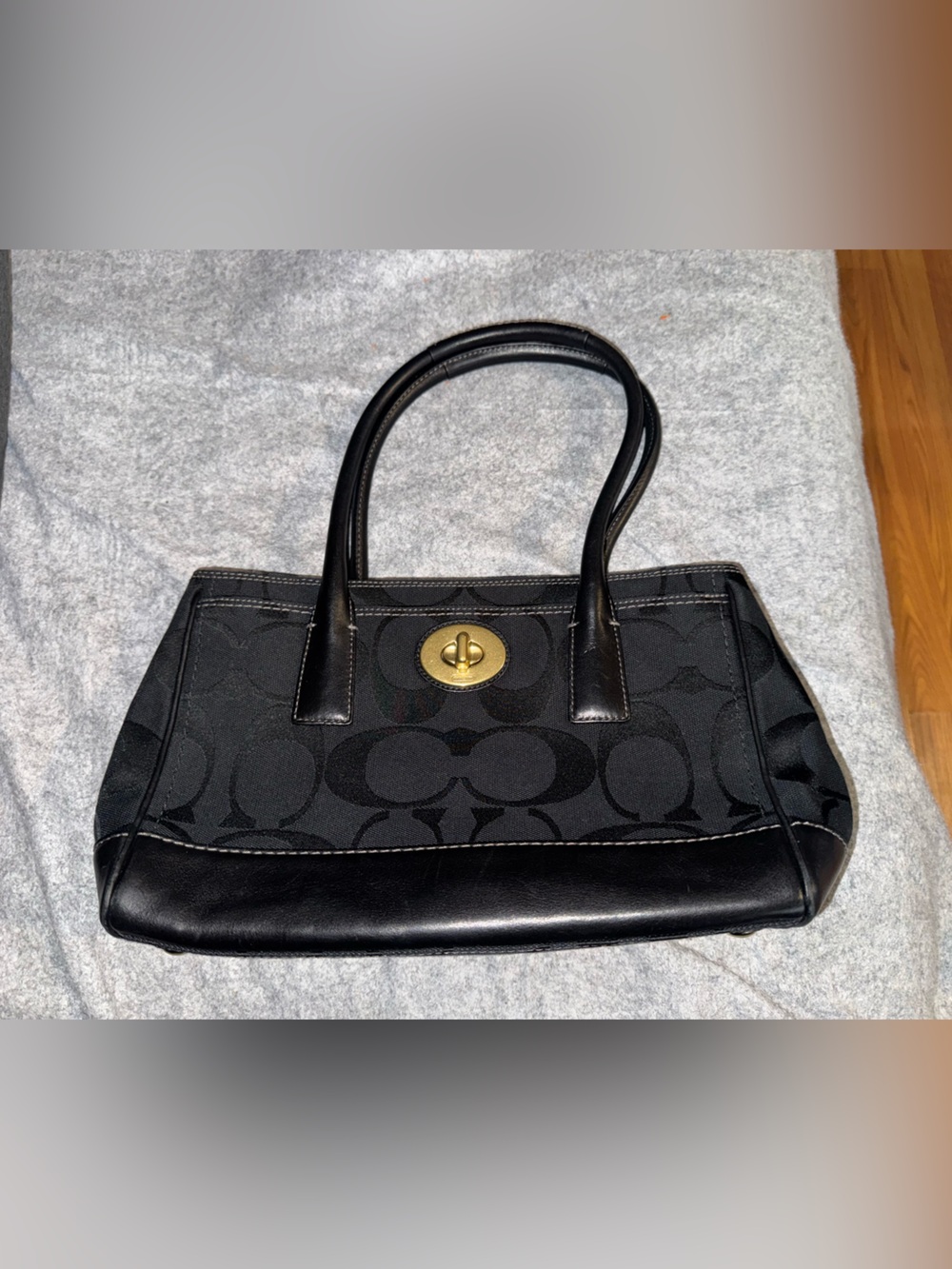 Coach Black Signature Canvas Tote with Gold Turnlock